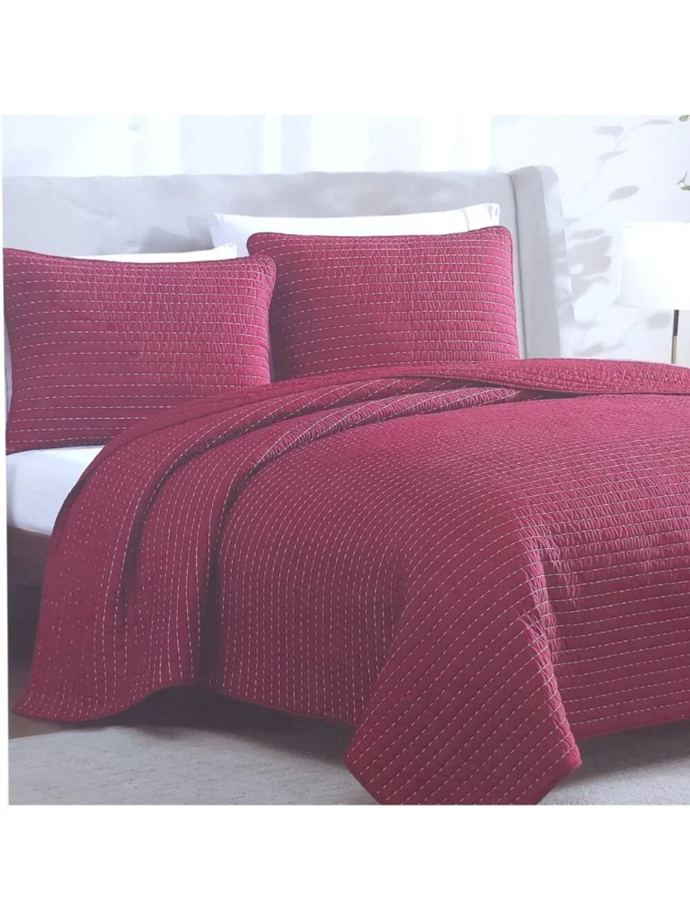 Lenox 3-Piece King Quilt Set Luxurious Feel Easy Care Red Pin Stripes Holiday